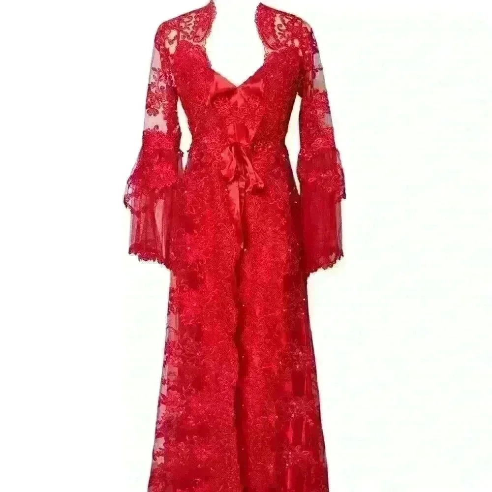 Red Lace and Satin Nightwear Set